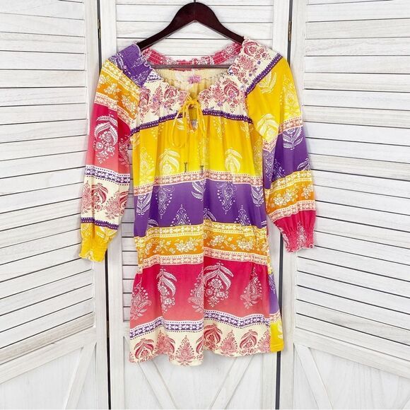 Joyous & Free Floral Damask Colorblock Tunic Dress Small Off Shoulder Smocked - Picture 8 of 13